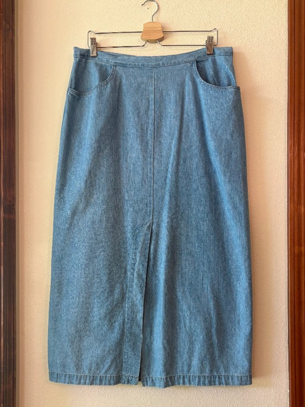 Vintage 90s Carol Anderson Light Wash Denim Maxi Skirt Front Slit Pockets Sz 14